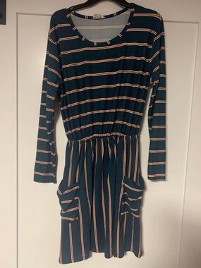 Betsey’s Boutique Shop XL Striped Long Sleeve Dress Teal Pockets Elastic Waist